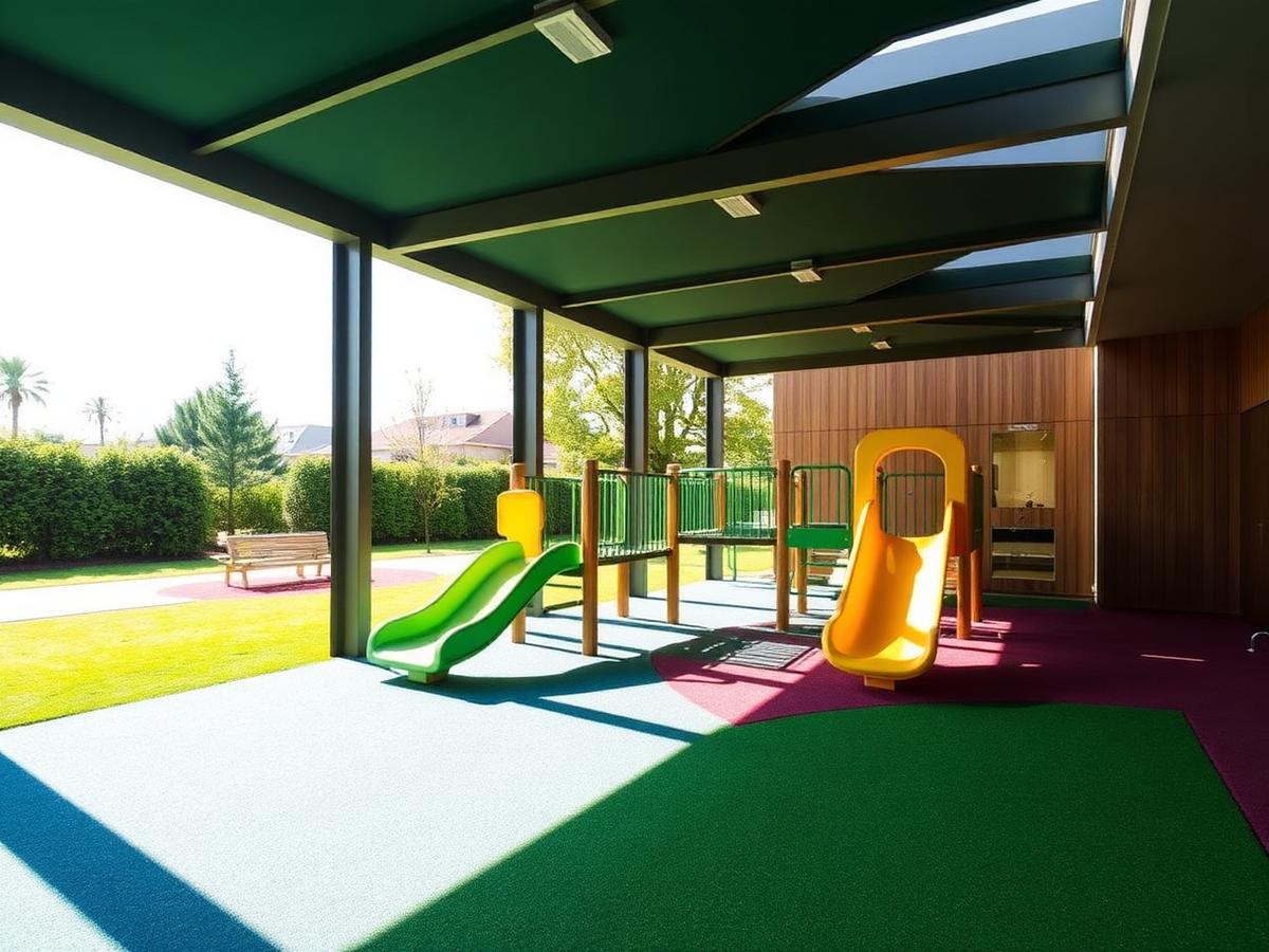 Parque externo da escola com piso emborrachado e brinquedos